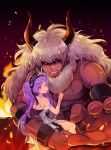  1boy 1girl asterios_(fate/grand_order) back bare_legs black_hairband black_sclera carrying clenched_teeth dress earrings euryale fate/grand_order fate_(series) fire flower hair_flower hair_ornament hairband highres hoop_earrings horns jewelry kosuke_(kosuke_zzz) long_hair muscle protecting purple_hair red_eyes scar shirtless single_earring size_difference teeth twintails violet_eyes white_dress white_hair 