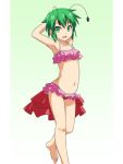  1girl antennae armpits arms_up bikini cato_(monocatienus) commentary_request frilled_bikini frills gradient gradient_background green_background green_eyes green_hair looking_at_viewer navel one_leg_raised open_mouth short_hair solo swimsuit touhou wriggle_nightbug 