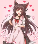 1girl ^_^ amagi_(amagi626) animal_ears apron black_bow black_choker blush bow breasts brown_hair choker cleavage clenched_hand closed_eyes collarbone commentary_request dress eyebrows_visible_through_hair fang feet_out_of_frame frilled_apron frills gradient gradient_background hair_between_eyes hair_bow head_tilt heart heart_apron highres imaizumi_kagerou large_breasts long_hair open_mouth pink_apron pink_background red_bow short_sleeves sidelocks smile solo standing tail touhou translation_request very_long_hair white_dress wolf_ears wolf_tail 