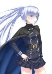 1girl bangs belt_buckle black_belt black_cape black_jacket black_skirt blue_eyes breasts buckle cape commentary_request eyebrows_visible_through_hair eyes_visible_through_hair hair_over_one_eye jacket long_hair long_sleeves original parted_lips pleated_skirt sakaki_jin&#039;ya silver_hair simple_background skirt small_breasts solo very_long_hair white_background 