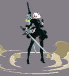  animated animated_gif black_blindfold blindfold boots cleavage_cutout covered_eyes feather-trimmed_sleeves hairband high_heel_boots high_heels highres juliet_sleeves katana leotard long_sleeves nier_(series) nier_automata pixel_art puffy_sleeves sword thighhighs_under_boots usualmanu weapon white_leotard yorha_no._2_type_b 