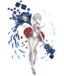  1girl asymmetrical_bangs bangs blood bloody_clothes bodysuit breasts cross-laced_clothes flower full_body grey_eyes holding holding_staff ji_no looking_at_viewer official_art rose silver_hair silver_trim sinoalice small_breasts snow_white_(sinoalice) solo staff transparent_background white_bodysuit 