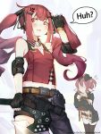  2girls anger_vein asymmetrical_clothes axe bangs bare_shoulders belt black_gloves black_pants black_ribbon blush breasts character_request collar collarbone cz-75_(girls_frontline) elbow_pads eyebrows_visible_through_hair fingerless_gloves girls_frontline gloves hair_ornament hairclip holding holding_axe holding_hair long_hair looking_at_viewer mania_(fd6060_60) midriff multiple_girls open_mouth pants red_eyes redhead ribbon scope sidelocks sleeveless twintails weapon 