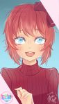  1girl :d absurdres artist_name blue_eyes bow commentary copyright_name doki_doki_literature_club english_commentary eyebrows_visible_through_hair hair_bow highres huge_filesize logo looking_at_viewer moriartea-chan open_mouth ribbed_sweater sayori_(doki_doki_literature_club) short_hair smile solo sweater turtleneck upper_body 