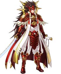  1boy armor brown_eyes brown_hair feathers fire_emblem fire_emblem_heroes fire_emblem_if gloves highres holding holding_sword holding_weapon katana kita_senri long_coat long_hair male_focus mask official_art pants raijintou_(sword) red_armor ryouma_(fire_emblem_if) sheath simple_background solo spiky_hair sword very_long_hair weapon white_background white_coat white_pants 