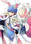  1boy animal_ears blue_eyes blue_hair cape egg fire_emblem fire_emblem:_mystery_of_the_emblem fire_emblem_heroes gloves highres looking_at_viewer male_focus marth nakabayashi_zun rabbit_ears short_hair simple_background smile solo tiara weapon 