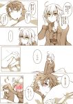  1boy 1girl ahoge anger_vein blanket blue_eyes blush breasts collarbone comic eyebrows_visible_through_hair fate/grand_order fate_(series) fingernails flying_sweatdrops fujimaru_ritsuka_(male) fur-trimmed_jacket fur-trimmed_sleeves fur_trim hair_between_eyes hand_in_hair highres jacket jeanne_d&#039;arc_(alter)_(fate) jeanne_d&#039;arc_(fate)_(all) jewelry long_sleeves monochrome necklace parted_lips pillow pillow_hug ruki_(ruki6248ta) short_hair sleeping speech_bubble spot_color sweat translation_request yellow_eyes 