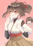  blush brown_hair brown_hakama chibi commentary cowboy_shot eating eyebrows_visible_through_hair food gradient gradient_background hair_ribbon hakama holding holding_food hyuuga_(kantai_collection) ise_(kantai_collection) japanese_clothes kantai_collection nontraditional_miko onigiri ponytail red_background red_eyes red_ribbon ribbon sash short_hair simple_background skin_tight twitter_username undershirt wavy_mouth yuzu_(kimagure_kankitsurui) 