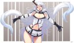  1girl :d breasts cleavage contrapposto cowboy_shot gloves gluteal_fold heavy_breathing highres horn jjune large_breasts long_hair looking_at_viewer midriff miniskirt multiple_tails navel open_mouth original outstretched_arms skirt smile solo tail two_tails white_hair yellow_eyes 