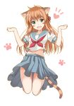  1girl :d animal_ears blue_skirt blush brown_hair cat_ears cat_tail collarbone full_body green_eyes heart highres kneehighs long_hair looking_at_viewer midriff navel neckerchief neko_de_gomen! oota_yuuichi open_mouth red_ribbon ribbon sailor_collar school_uniform serafuku shiraishi_yayoi shirt short_sleeves simple_background skirt smile solo stomach tail teeth thigh_gap white_background white_legwear white_shirt 