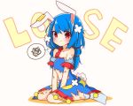  1girl animal_ears bangs bare_shoulders between_legs blue_hair blush bruise bunny_tail closed_mouth commentary_request crossed_bandaids dress eyebrows_visible_through_hair full_body hand_between_legs highres injury inon looking_at_viewer rabbit_ears red_eyes seiran_(touhou) short_sleeves sitting socks solo spoken_squiggle squiggle tail tears torn_clothes torn_dress touhou v-shaped_eyebrows wariza white_background white_legwear 
