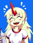  1girl :d ^_^ alcohol blonde_hair blue_background blush bottle closed_eyes collarbone eyebrows_visible_through_hair eyelashes fangs fingernails holding horn hoshiguma_yuugi oni oni_horns open_mouth pointy_ears setz shirt short_sleeves simple_background smile star teeth tongue touhou upper_body v-shaped_eyebrows vodka white_shirt 