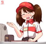  1girl alternate_costume anger_vein artist_logo blush brown_hair cash_register closed_eyes commentary_request dated employee_uniform fang hat highres kanon_(kurogane_knights) kantai_collection logo_parody long_hair mcdonald&#039;s multicolored_shirt nose_blush open_mouth open_palm red_hat ryuujou_(kantai_collection) simple_background smile solo tray twintails uniform visor_cap white_background 