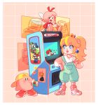  1boy 2girls absurdres alternate_costume arcade_cabinet arm_rest baseball_cap blonde_hair blue_eyes bob-omb bomb casual character_request closed_eyes closed_mouth company_name contemporary crown cup drinking drinking_straw eyebrows_visible_through_hair facial_hair fairy_wings full_body game_boy game_boy_advance_sp hand_up handheld_game_console hat heart highres holding holding_cup hoshi_no_kirby kirby kirby_(series) long_sleeves looking_at_another luigi mario super_mario_bros. multiple_girls mustache nintendo nintendo_ds overalls pink_hair ponytail poster_(object) princess_peach ribbon_(kirby) riu-sen shoes shorts sitting smile sneakers standing sweater wings 