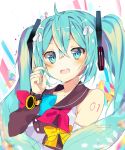  1girl :d artist_name blue_bow blue_eyes blue_hair blue_nails bow collarbone detached_sleeves eyebrows_visible_through_hair hair_between_eyes hair_ribbon hatsune_miku long_hair nail_polish number open_mouth red_bow ribbon smile solo tattoo twintails upper_body very_long_hair vocaloid white_ribbon yellow_bow zahravoca_(annpratamav) 