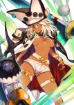  1girl beltbra breasts bukurote cape clover colored_eyelashes creature dark_skin four-leaf_clover guilty_gear guilty_gear_xrd hat looking_at_viewer medium_breasts navel open_mouth orange_eyes platinum_blonde ramlethal_valentine short_hair short_shorts shorts solo sword thigh_strap under_boob weapon 