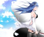  1girl azur_lane bangs bare_shoulders blue_eyes blue_hair blue_sky blush breasts closed_mouth clouds cloudy_sky commentary_request day detached_sleeves dress eyebrows_visible_through_hair floating_hair holding holding_sword holding_weapon horns ibuki_(azur_lane) katana kogyokuapple long_hair long_sleeves looking_away medium_breasts outdoors profile sky sleeveless sleeveless_dress solo sword very_long_hair weapon white_dress wide_sleeves 