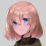  1girl bangs blonde_hair blue_eyes closed_mouth commentary_request emblem eyebrows_visible_through_hair frown girls_und_panzer green_jumpsuit grey_background katyusha looking_at_viewer pirapirapirapira portrait pravda_military_uniform short_hair solo 