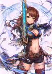  1girl aiming aiming_at_viewer bangs beatrix_(granblue_fantasy) belly belt belt_buckle black_shorts blue_footwear boots breasts brown_hair brown_legwear buckle chromatic_aberration cleavage cowboy_shot crop_top eyelashes floating_hair gauntlets granblue_fantasy green_eyes haoni highres holding holding_sword holding_weapon large_breasts long_hair looking_at_viewer medium_breasts midriff navel outstretched_arm parted_lips pauldrons ponytail shorts solo stomach sword thigh-highs thigh_boots turtleneck uneven_eyes visible_air waistcoat weapon wide_sleeves 