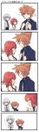  1girl alternate_costume blue_eyes breasts brown_hair closed_mouth comic commentary_request formal highres jyaco7777 kairi_(kingdom_hearts) kingdom_hearts kingdom_hearts_ii medium_hair multiple_boys riku short_hair sora_(kingdom_hearts) spiky_hair suit 