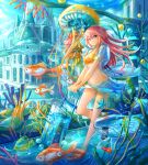  1girl breasts cleavage collarbone dolphin eyebrows_visible_through_hair fish jellyfish kutsunohito long_hair looking_at_viewer medium_breasts navel original outdoors pink_eyes pink_hair scenery solo suitcase water whale 