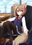  1girl absurdres animal_ears black_legwear bow bowtie brown_hair chaakusu chair ear_piercing fennery fox_ears fox_tail highres indoors long_sleeves miniskirt office_chair pantyhose paper piercing short_hair show_by_rock!! sitting skirt smile tail vest 