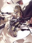  2girls armor armored_boots armored_dress banner black_dress blonde_hair blue_eyes boots chains dress eyebrows_visible_through_hair fate_(series) floating_hair fur_trim gauntlets hand_on_hilt holding holding_weapon jeanne_d&#039;arc_(alter)_(fate) jeanne_d&#039;arc_(fate) jeanne_d&#039;arc_(fate)_(all) long_hair looking_at_viewer multiple_girls parted_lips silver_hair sleeveless sleeveless_dress sword thigh-highs thigh_boots user_hwvm7837 weapon white_dress yellow_eyes 