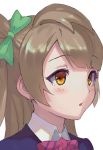  1girl :o bangs blunt_bangs blush bow bowtie brown_hair collared_shirt commentary_request green_bow hair_bow haoni jacket long_hair love_live! love_live!_school_idol_project minami_kotori one_side_up orange_eyes otonokizaka_school_uniform parted_lips pink_neckwear portrait purple_jacket shirt simple_background solo upper_body white_background white_shirt wing_collar 