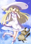  1girl blonde_hair blue_footwear chiki_yuuko clouds dress green_eyes hat lillie_(pokemon) mimikyu pokemon pokemon_(game) see-through sky sundress 