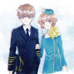  1boy 1girl antenna_hair bangs black_jacket black_neckwear black_pants blue_dress blue_hat brown_eyes brown_hair card_captor_sakura dress eyebrows_visible_through_hair formal green_eyes hair_between_eyes hat holding_arm jacket kinomoto_sakura li_xiaolang looking_at_viewer mini_hat necktie pants shirt short_hair_with_long_locks sidelocks simple_background smile standing uniform white_background white_shirt yellow_neckwear 