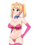  1girl ahoge blonde_hair blue_choker blue_eyes blue_neckwear blush bow bowtie bra breasts choker closed_mouth contrapposto cowboy_shot elbow_gloves eyebrows_visible_through_hair gloves hand_on_hip large_breasts navel original panties pink_bra pink_gloves pink_panties short_hair simple_background smile solo totokichi twintails underwear white_background 