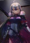  1girl ahoge armor bangs black_legwear blonde_hair blush breasts cape chains cleavage eyebrows_visible_through_hair fate/apocrypha fate/grand_order fate_(series) forehead_protector framed_breasts fur_trim hanato_(seonoaiko) headpiece highres holding holding_pole holding_sword holding_weapon jeanne_d&#039;arc_(alter)_(fate) jeanne_d&#039;arc_(fate)_(all) large_breasts light_particles looking_at_viewer medium_breasts open_mouth revision short_hair silver_hair smile solo sword thigh-highs weapon yellow_eyes 