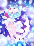  1girl :d ascot bangs black_footwear blue_bow blue_eyes blue_hair bow cirno clumeal danmaku dress eyelashes fairy fingernails hair_bow highres ice ice_wings nail_polish open_mouth outstretched_arms puffy_short_sleeves puffy_sleeves purple_nails red_neckwear shoes short_hair short_sleeves smile snowflakes socks solo teeth tongue touhou white_legwear wings 