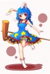 1girl absurdres animal_ears bangs bare_arms bloomers blue_hair crescent dress eyebrows_visible_through_hair full_body highres inon kine long_hair looking_at_viewer low_twintails notice_lines parted_lips rabbit_ears red_eyes see-through seiran_(touhou) sleeveless sleeveless_dress socks solo standing standing_on_one_leg star touhou twintails underwear white_legwear 