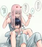  1boy 1girl bangs black_hair blush comic commentary_request couple darling_in_the_franxx fringe green_eyes hands_up hetero hiro_(darling_in_the_franxx) holding holding_hair horns long_hair nightgown oni_horns pajamas pink_hair red_horns sakuragouti short_hair sitting sitting_on_person sleeveless speech_bubble translation_request zero_two_(darling_in_the_franxx) 