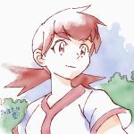  1girl 2018 akane_(pokemon) closed_mouth dated eyebrows_visible_through_hair gym_leader highres muneondo pink_eyes pink_hair shirt short_sleeves simple_background smile solo twintails upper_body white_background white_shirt 
