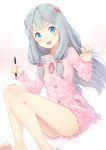  1girl absurdres barefoot blue_eyes blush bow collarbone eromanga_sensei eyebrows_visible_through_hair grey_hair hair_bow highres izumi_sagiri long_hair looking_at_viewer maya_g open_mouth pink_bow smile solo stylus 