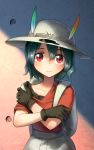  1girl artist_name black_gloves blush collarbone commentary_request cowboy_shot crossed_arms eyebrows_visible_through_hair feathers gloves green_hair hair_between_eyes hat highres kaban_(kemono_friends) kemono_friends looking_at_viewer red_eyes shirt short_sleeves solo welt_(kinsei_koutenkyoku) 