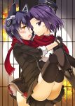  2girls ass blush cardigan carrying fingerless_gloves gloves headgear highres kantai_collection looking_at_viewer mechanical_halo mole mole_under_eye multiple_girls oota_yuuichi open_mouth princess_carry purple_hair scarf shared_scarf short_hair smile sweatdrop tatsuta_(kantai_collection) tenryuu_(kantai_collection) thigh-highs violet_eyes yellow_eyes 