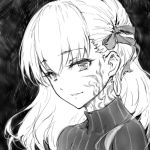  1girl black_background commentary_request dark_sakura dress eyebrows_visible_through_hair facial_tattoo fate/stay_night fate_(series) greyscale hair_ribbon haoni long_hair looking_at_viewer matou_sakura monochrome parted_lips ribbon smile solo tattoo turtleneck upper_body 
