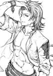  1boy abs belt bracelet commentary_request granblue_fantasy greyscale hair_slicked_back hand_up haoni jacket jewelry long_sleeves looking_at_viewer male_focus monochrome open_clothes open_jacket parted_lips percival_(granblue_fantasy) shirtless sketch smile solo wet wet_hair white_background 