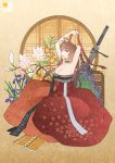  alternate_costume black_ribbon breasts brown_hair cleavage dress dsr-50_(girls_frontline) flower girls_frontline gun large_breasts long_hair long_skirt looking_at_viewer neck_ribbon red_dress red_eyes red_ribbon red_skirt ribbon rifle skirt sniper_rifle traditional_clothes tying_hair vcntkm weapon white_ribbon 