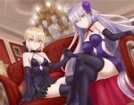  2girls ahoge artoria_pendragon_(all) bangs black_gloves black_legwear black_ribbon black_skirt blonde_hair blunt_bangs breasts cleavage couch cutout dress elbow_gloves eyebrows_visible_through_hair fate_(series) floating_hair flower frilled_skirt frills gloves hair_between_eyes hair_flower hair_ornament hair_ribbon hand_holding high_heels highres indoors interlocked_fingers jeanne_d&#039;arc_(alter)_(fate) jeanne_d&#039;arc_(fate)_(all) legs_crossed long_hair looking_at_viewer medium_breasts miniskirt multiple_girls neck_ribbon panties pantyshot pantyshot_(sitting) parted_lips pixiv_fate/grand_order_contest_2 pumps purple_dress purple_flower purple_footwear red_ribbon ribbon saber_alter short_dress short_hair silver_hair sitting skirt sleeveless sleeveless_dress smile strapless strapless_dress thigh-highs underwear very_long_hair white_panties yellow_eyes zilaishui 