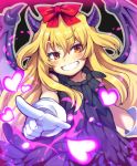  1girl bajel blonde_hair blush bow brave_dungeon dated eyebrows_visible_through_hair gloves hair_bow heart horns iroyopon long_hair looking_at_viewer majin_shoujo open_mouth orange_eyes red_bow signature smile solo white_gloves wings 