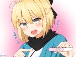  1girl ahoge black_bow blonde_hair blush bow commentary_request fate_(series) grey_eyes hair_bow haori heart highres japanese_clothes koha-ace looking_at_viewer okita_souji_(fate) open_mouth pink_background pointing pregnancy_test short_hair solo tomato_rice translated twitter_username upper_body 