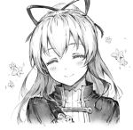 1girl blush closed_eyes closed_mouth facing_viewer flower granblue_fantasy greyscale hair_ribbon haoni head_tilt long_hair monochrome ponytail ribbon sketch smile solo sparkle upper_body vira_lilie 