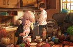  1boy 1girl ahoge coffee coffee_mug cookie cowboy_shot cup food from_behind grey_hair indoors kitchen long_hair looking_at_another looking_back looking_down milk morning mug nekojira original shadow shiny shiny_hair standing toaster white_hair window 