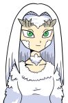  1girl closed_mouth collarbone dark_souls dragon_girl dragon_horns dress green_eyes horns parody priscilla_the_crossbreed setz simple_background smile solo souls_(from_software) straight_hair style_parody toriyama_akira_(style) upper_body white_background white_dress white_hair 