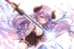  1girl asymmetrical_gloves belt black_footwear black_gloves blue_eyes braid breasts bug butterfly butterfly_hair_ornament cleavage draph elbow_gloves gloves granblue_fantasy hair_ornament hair_over_one_eye hairclip highres holding holding_sword holding_weapon horns insect katana large_breasts lavender_hair long_hair looking_at_viewer low_tied_hair narmaya_(granblue_fantasy) petals pointy_ears sheath simple_background single_braid sleeveless solo sword thigh_strap thighs tomo_(user_hes4085) weapon white_background 
