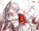  1girl asymmetrical_hair blue_eyes breasts burnt_clothes dr. dress flower gloves hair_ornament looking_at_viewer petals rose silver_hair sinoalice skirt snow_white_(sinoalice) solo sword weapon 